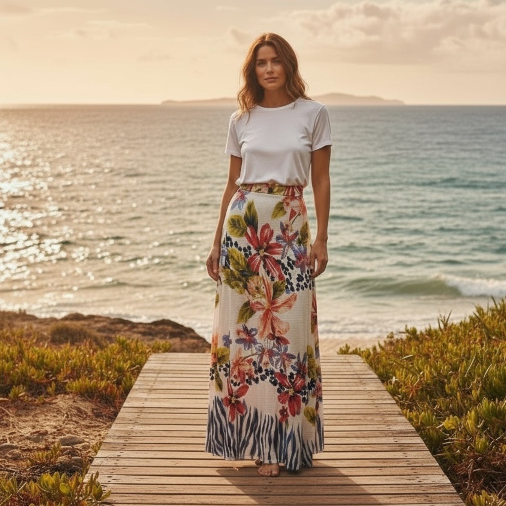 Tommy Bahama White Maxi Skirt with Multicolor Floral Print, Tropical, beach